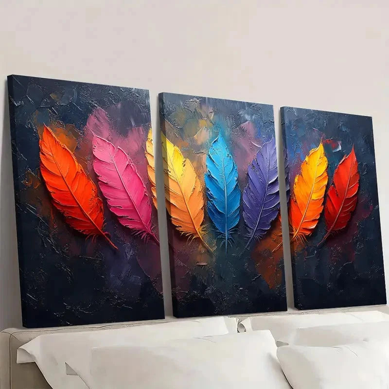3pcs Original Colorful Feather FH Wall Art Set Canvas Framed 60x90cm - High Quality Print 100% Australian Made Wall Canvas Ready to Hang