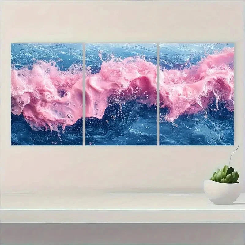 3pcs Pink and Blue Water Modern Abstract Metal Print Ready to Hang Art - Bella Home Decor
