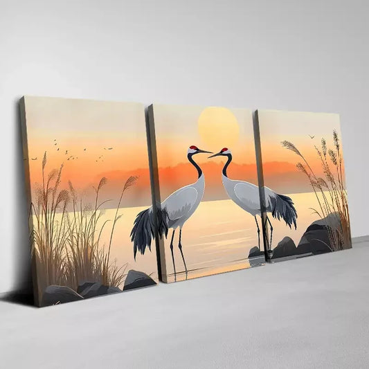 3pcs Nature Serene Crane Lake Scene at Sunset Wall Art Set Canvas Framed 40x60cm - High Quality Print 100% Australian Made Wall Canvas Ready to Hang