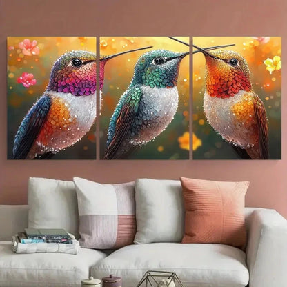 3pcs Vibrant Colorful Abstract Hummingbird Nature Metal Print Ready to Hang Art