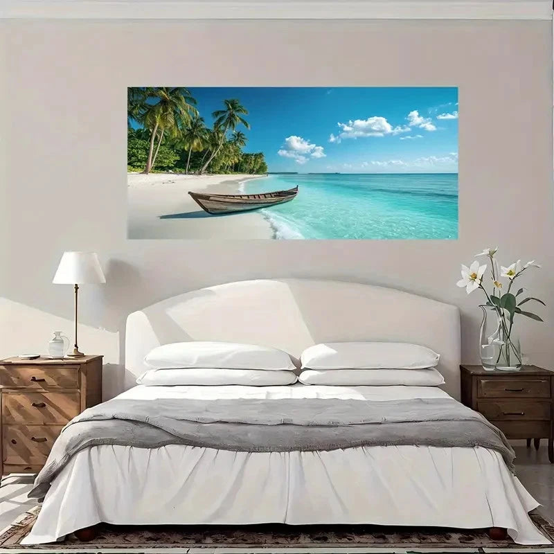 Turquoise Ocean Palm Trees Boat Wall Art Canvas Office Home Room Framed 120x60cm