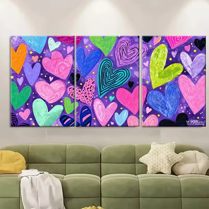 3pcs Purple Graffiti Hearts Metal Print Ready to Hang Art