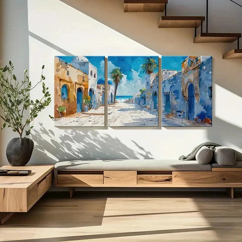 3pcs Palm Trees Coastal Buildings Mediterranean Metal Print Ready to Hang Art - Bella Home Decor