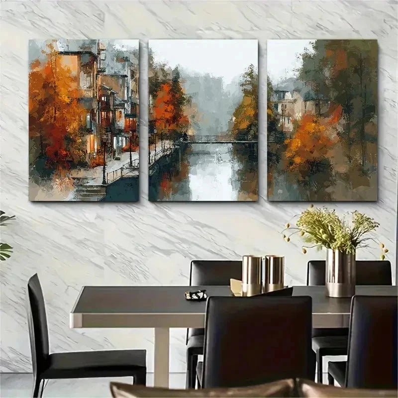 3pcs Autumn City Neutral Street Nature Perfect Wall Art Set Canvas Framed 50x70cm - High Quality Print 100% Australian Made Wall Canvas Ready to Hang - Bella Home Decor