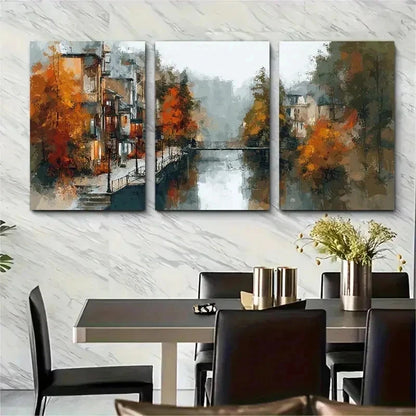 3pcs Autumn City Neutral Street Nature Perfect Wall Art Set Canvas Framed 50x70cm - High Quality Print 100% Australian Made Wall Canvas Ready to Hang - Bella Home Decor
