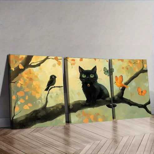 3 PCS Black Cat & Autumn Branch Design Wall Art Set Canvas Unframed - High Quality Print 100% Australian Made Wall Canvas - Bella Home Decor