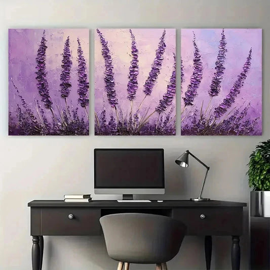 3pcs Lavender Flower Purple Floral Perfect Wall Art Set Canvas Framed 60x90cm - High Quality Print 100% Australian Made Wall Canvas Ready to Hang