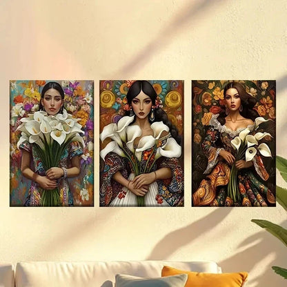 3pcs Three women in dresses with flowers Wall Art Set Canvas Framed 50x70cm - High Quality Print 100% Australian Made Wall Canvas Ready to Hang