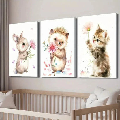 3pcs Rabbit Hedgehog Kitten Holding Flowers Wall Art Set Canvas Framed 40x60cm - High Quality Print 100% Australian Made Wall Canvas Ready to Hang