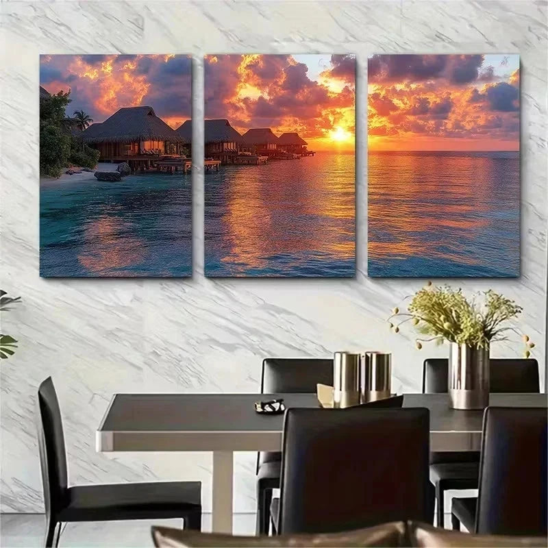 3pcs Luxury Resort Sunset Scene Wall Art Set Canvas Framed 60x90cm - High Quality Print 100% Australian Made Wall Canvas Ready to Hang - Bella Home Decor