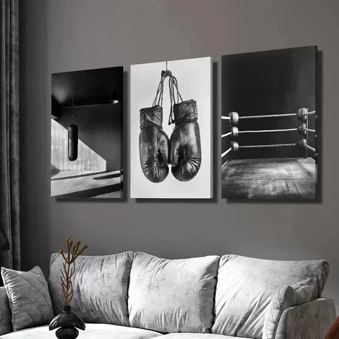 3pcs Black And White Boxing Ring Bag & Gloves Wall Art Canvas Unframed - High Quality Print 100% Australian Made Wall Canvas - Bella Home Decor