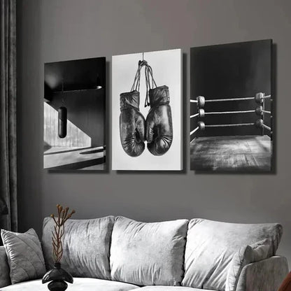 3pcs Black And White Boxing Ring Bag & Gloves Wall Art Canvas Unframed - High Quality Print 100% Australian Made Wall Canvas - Bella Home Decor