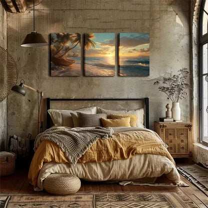 3pcs Coconut Trees & Ocean View Wall Art Set Canvas Unframed - High Quality Print 100% Australian Made Wall Canvas - Bella Home Decor