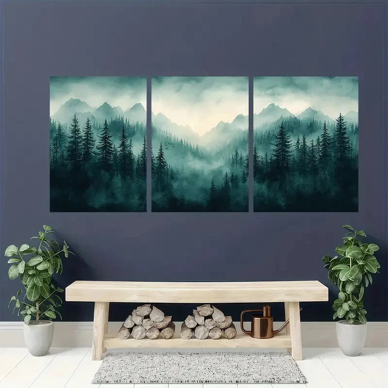 3pcs Misty Evergreen Landscape Art Metal Print Ready to Hang Art - Bella Home Decor