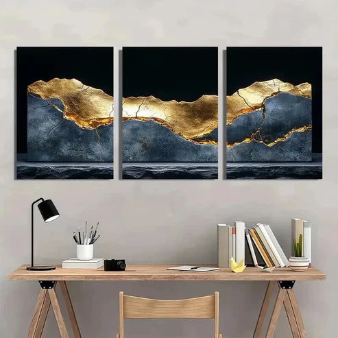 3pcs Cracked Golden Metallic Sheen on Black Wall Art Set Canvas Unframed - High Quality Print 100% Australian Made Wall Canvas - Bella Home Decor