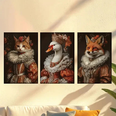 3pcs Featuring Cats Geese & Foxes Ornate attires Wall Art Canvas Unframed - High Quality Print 100% Australian Made Wall Canvas