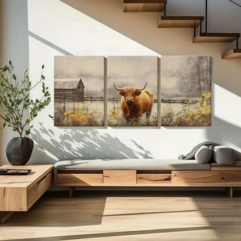 3pcs Highland Cow Landscape Farmhouse Metal Print Ready to Hang Art - Bella Home Decor