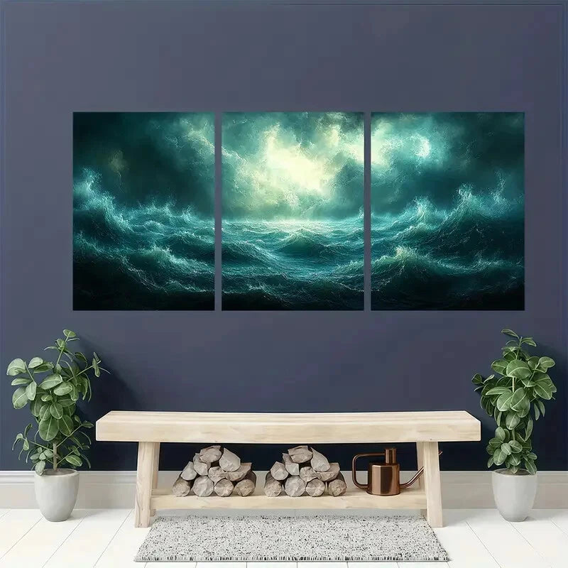 3pcs Thunderstorm Seascape Ocean Storm Art Metal Print Ready to Hang Art - Bella Home Decor