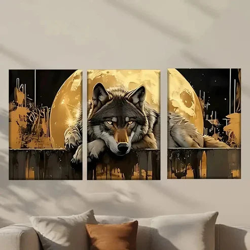 3pcs Wolf Is Sitting on a Fence with The Moon Wall Art Set Canvas Unframed - High Quality Print 100% Australian Made Wall Canvas