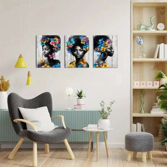 3pcs Beautiful Portraits with Floral Butterfly Metal Print Ready to Hang Art
