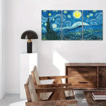 3pcs Blue & Yellow Swirling Night Sky Painting Metal Print Ready to Hang Art - Bella Home Decor