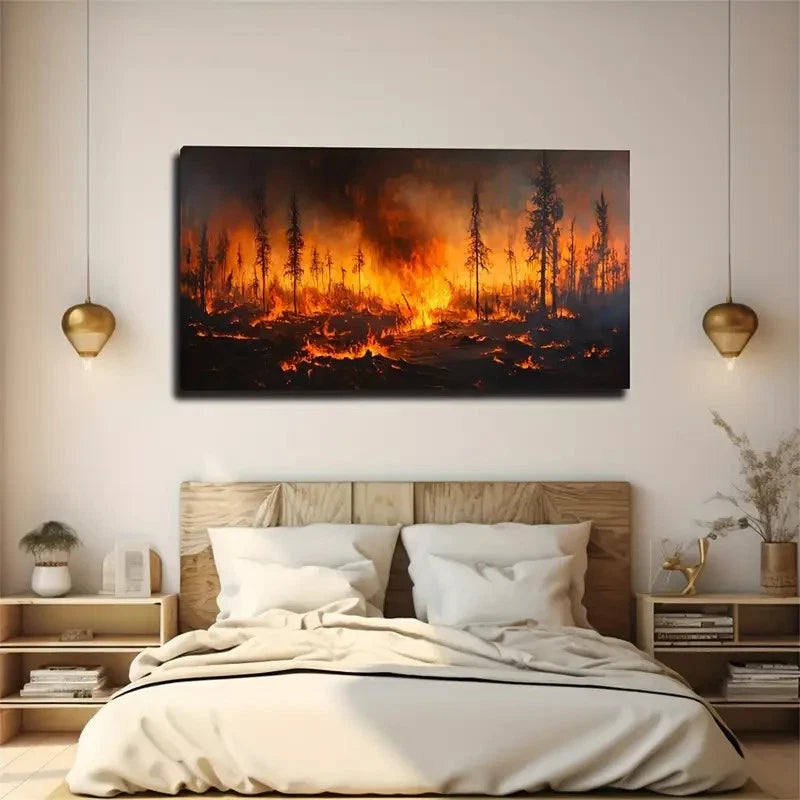 Dramatic Forest Fire Orange Wall Art Canvas Office Home Room Framed 120x60cm