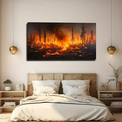 Dramatic Forest Fire Orange Wall Art Canvas Office Home Room Framed 120x60cm