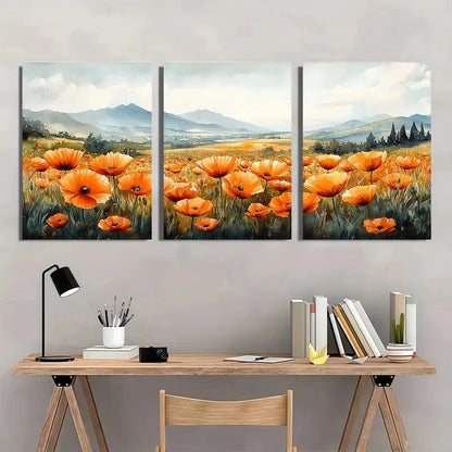 3pcs Orange Poppy Wildflower Watercolor Metal Print Ready to Hang Art - Bella Home Decor