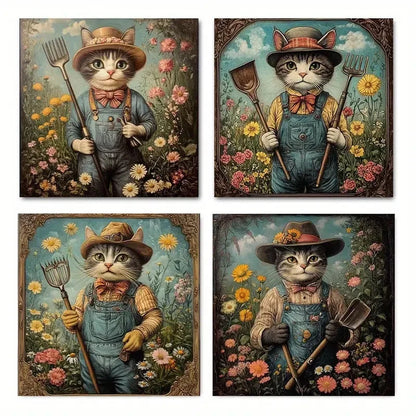 4pcs Vintage Cat GardenerWall Art Canvas Framed