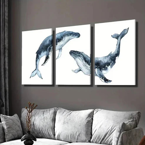 3pcs Blue Nautical Marine Life Whale Decor Wall Art Set Canvas Unframed - High Quality Print 100% Australian Made Wall Canvas - Bella Home Decor