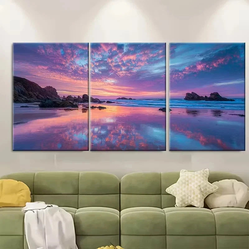 3pcs Sea Sunset Cloud Reflection Landscape Wall Art Set Canvas Framed 60x90cm - High Quality Print 100% Australian Made Wall Canvas Ready to Hang