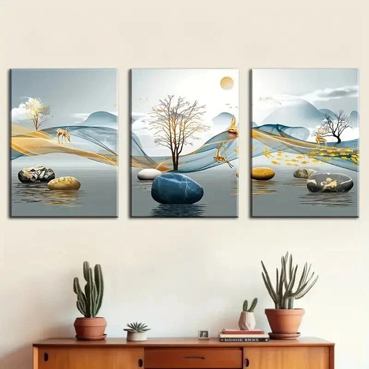3pcs Abstract Geometric Landscape Elk Metal Print Ready to Hang Art