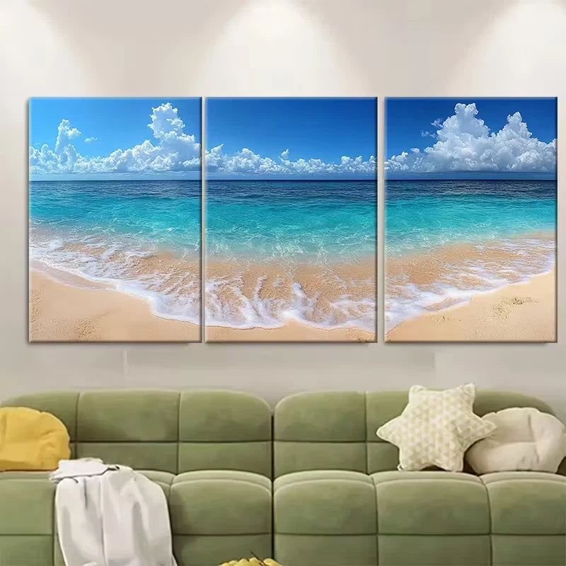3pcs White Sand Blue Ocean Metal Print Ready to Hang Art - Bella Home Decor