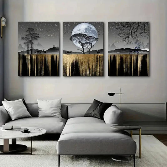 3pcs Elk & Moonlight Scenery, Metal Print Ready to Hang Art