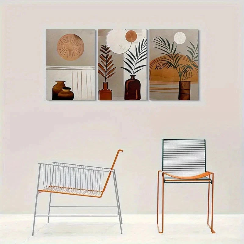 3pcs Abstract Plant Vase Sunset Theme Metal Print Ready to Hang Art - Bella Home Decor