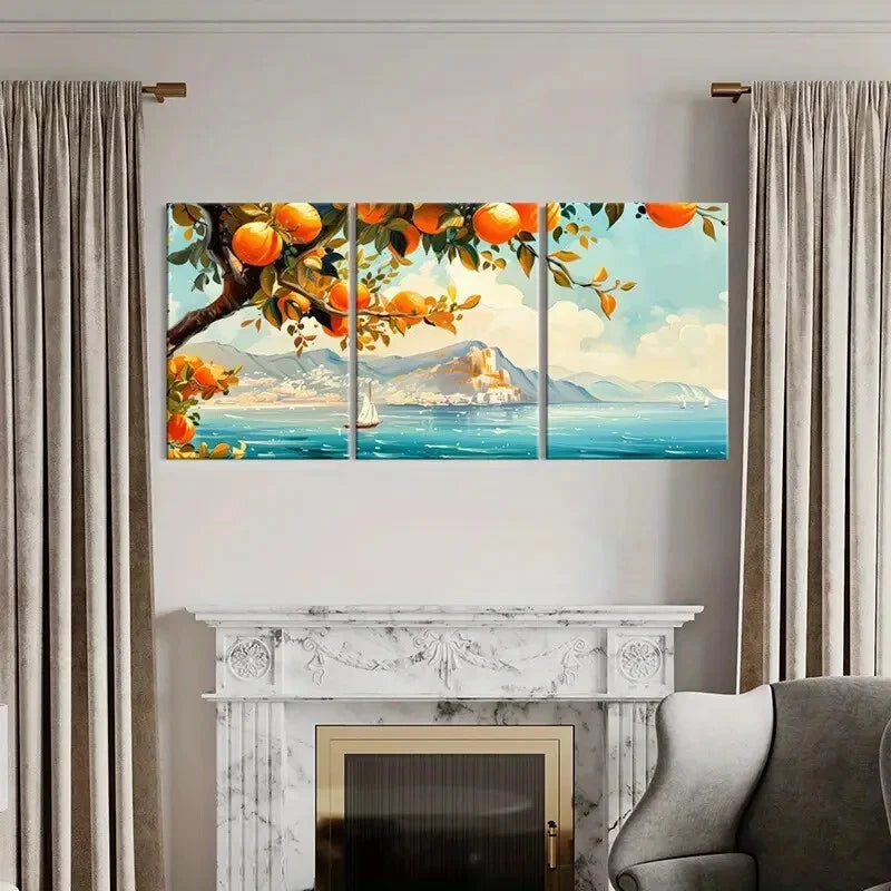 3pcs Orange Tree Sailboat Castle Mountain View Metal Print Ready to Hang Art - Bella Home Decor