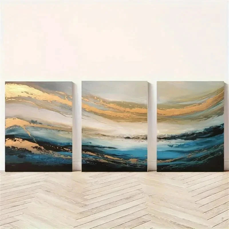 3pcs Abstract Land  Blue ,Gold Artwork  Wall Art Set Canvas Framed 50x70cm - High Quality Print 100% Australian Made Wall Canvas Ready to Hang - Bella Home Decor