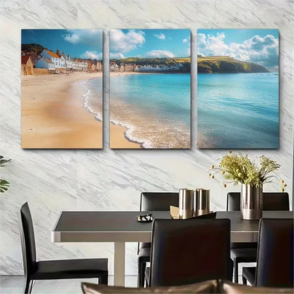 3pcs Blue Skies Over Looe Beach England Metal Print Ready to Hang Art - Bella Home Decor
