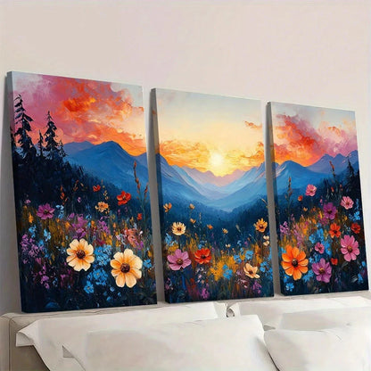 3pcs Romantic Wildflower Meadow Sunset Wall Art Set Canvas Framed 40x60cm - High Quality Print 100% Australian Made Wall Canvas Ready to Hang
