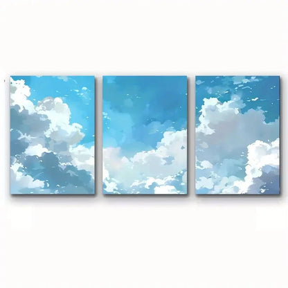 3pcs Painting Blue Sky & White Clouds Metal Print Ready to Hang Art - Bella Home Decor