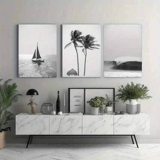 3pcs Sailboat, Ocean Waves black and white Wall Art Set Canvas Framed 60x90cm - High Quality Print 100% Australian Made Wall Canvas Ready to Hang