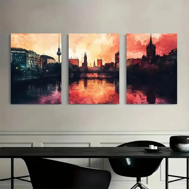 3pcs Berlin Watercolor Vibrant Cityscape Metal Print Ready to Hang Art - Bella Home Decor
