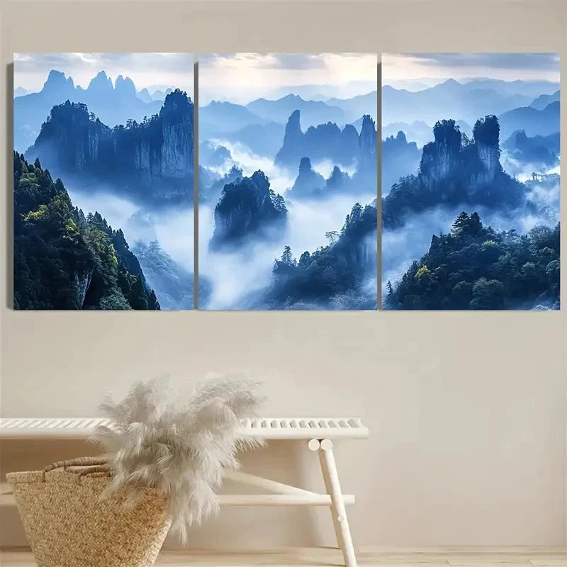 3pcs Misty Blue Mountains Chinese Landscape Wall Art Set Canvas Framed 50x70cm - High Quality Print 100% Australian Made Wall Canvas Ready to Hang