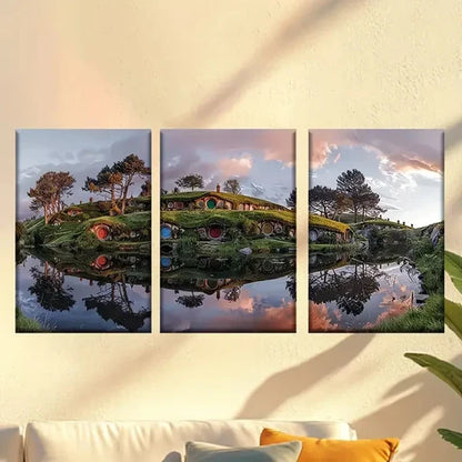 3pcs Creek and hut at sunset Wall Art Canvas Unframed - High Quality Print 100% Australian Made Wall Canvas
