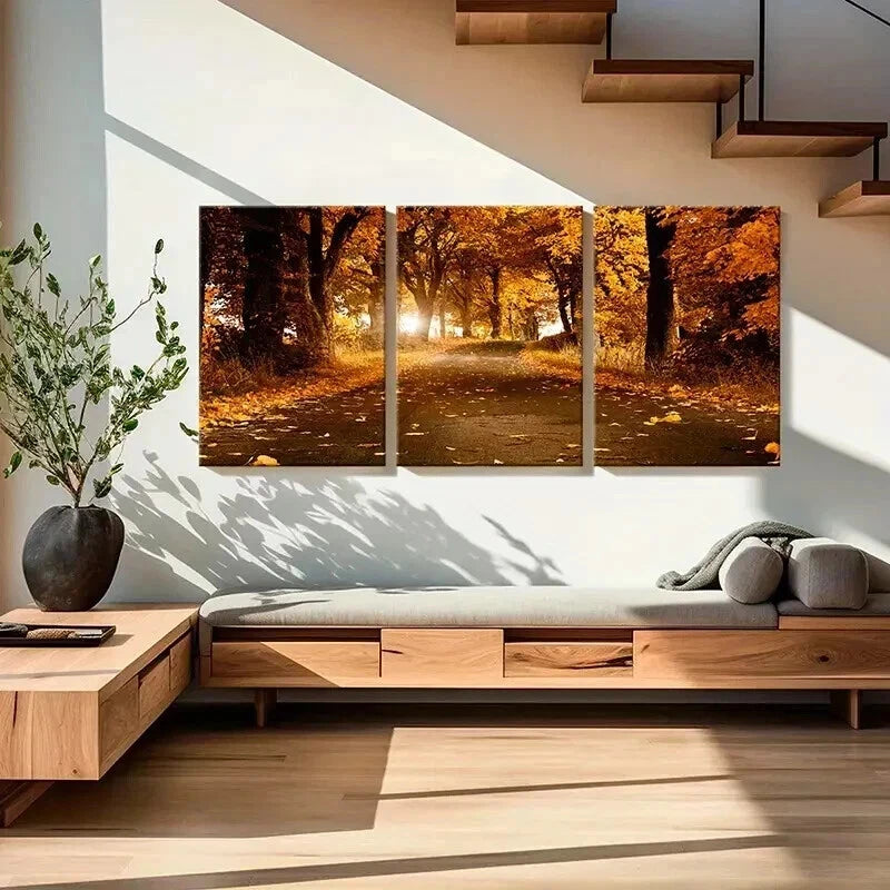 3pcs Path Strewn with Fallen Leaves Wall Art Set Canvas Framed 40x60cm - High Quality Print 100% Australian Made Wall Canvas Ready to Hang - Bella Home Decor