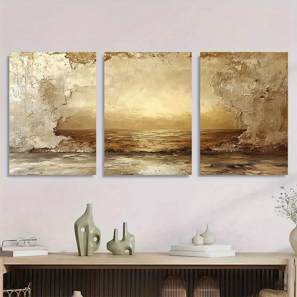 3pcs Abstract Artistic Beige Texture Painting Metal Print Ready to Hang Art - Bella Home Decor
