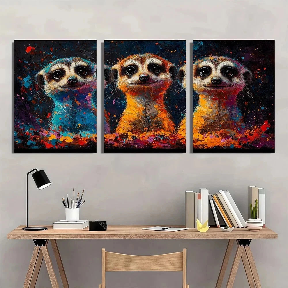 3pcs Colorful Meerkats Animal Abstract Metal Print Ready to Hang Art - Bella Home Decor