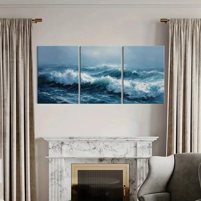 3pcs Ocean Waves Art Abstract Sea Spray Water Metal Print Ready to Hang Art - Bella Home Decor