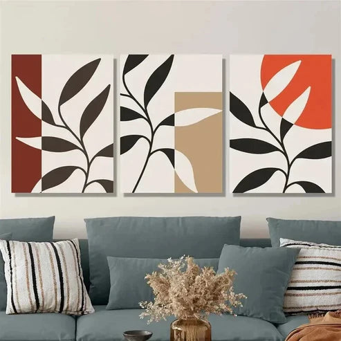 3pcs Abstract Geometric Design Botanical Leaf Art Set Canvas Unframed - High Quality Print 100% Australian Made Wall Canvas - Bella Home Decor