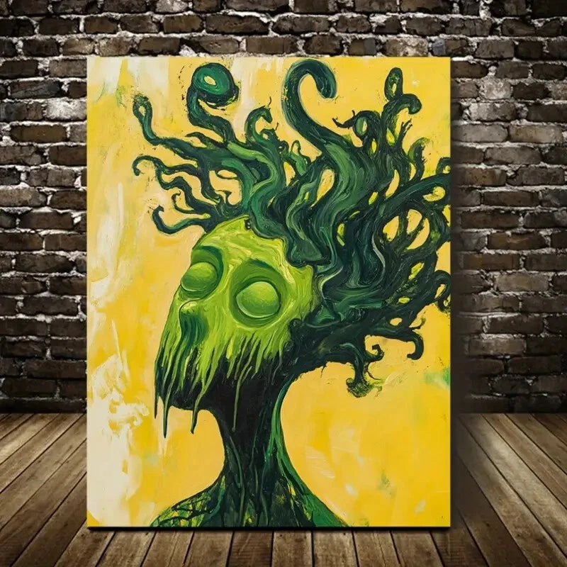 Featuring an Abstract Green Haired Monster Painting 40x60cm Metal Print Ready to Hang - Bella Home Decor